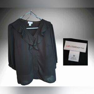 Liz Claiborne black v-neck ruffle front blouse, sz M